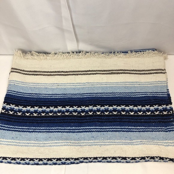 Aztec Mexican Woven Southwestern Blanket Throw Fringed 58”x 80” Blue Beige Black - Picture 2 of 5